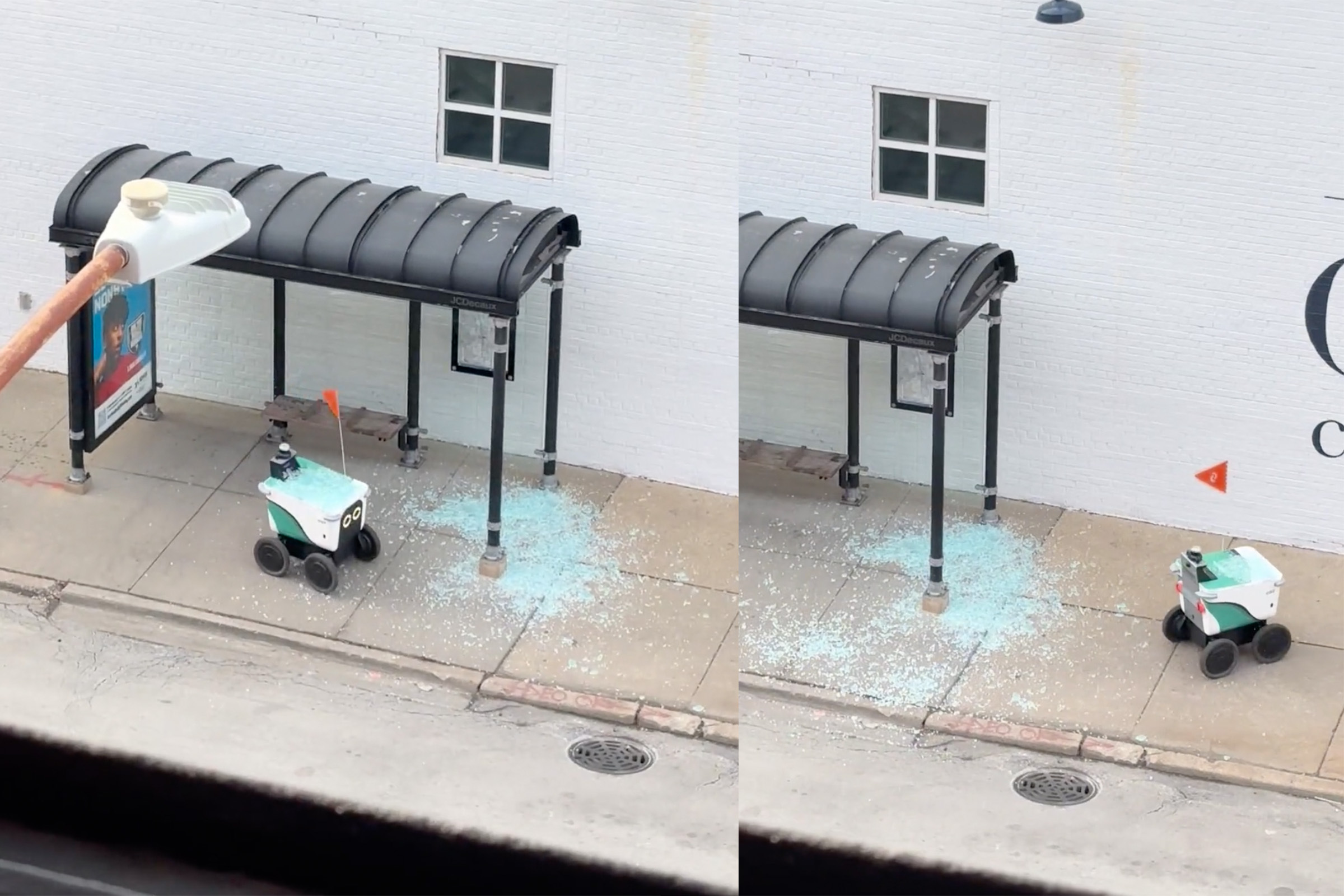 Delivery Robot Allegedly Smashes Through Bus Stop Window, Keeps Driving Covered in Broken Glass