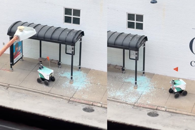 Two side-by-side images show a small delivery robot on a sidewalk near a bus stop shelter with a black curved roof. The robot has a white and green body, four black wheels, and an orange flag. Blue shattered glass is scattered on the sidewalk around the robot in both images. The left image shows a streetlamp partially visible in the upper left corner. The background features a white brick wall with a window.