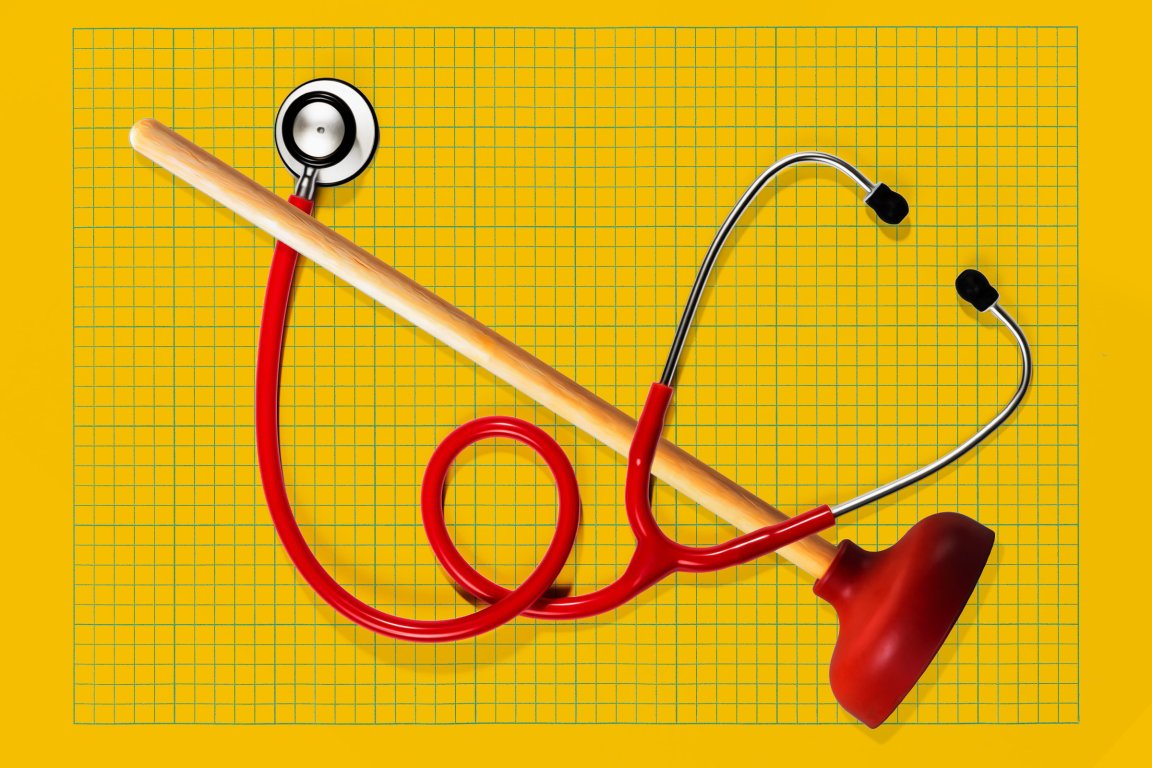 A red stethoscope intertwined with a wooden-handled red plunger, placed on a yellow grid-patterned background.
