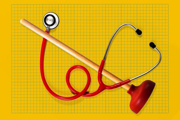 A red stethoscope intertwined with a wooden-handled red plunger, placed on a yellow grid-patterned background.