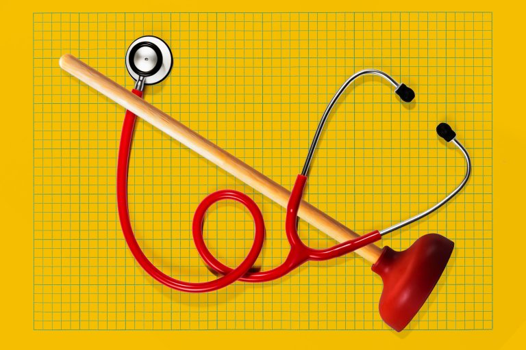 A red stethoscope intertwined with a wooden-handled red plunger, placed on a yellow grid-patterned background.