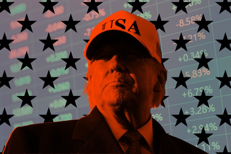 An illustration of Donald Trump, tinted red and set against a backdrop of black stars.