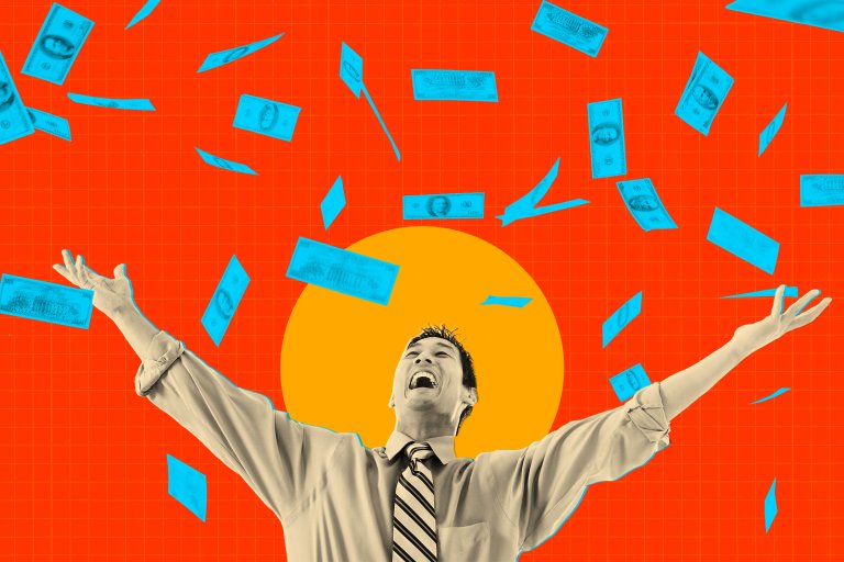 A joyful man in a dress shirt and striped tie throws his arms up as blue bills rain down around him against a bright orange background with a large yellow circle behind his head.