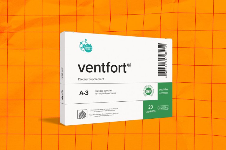 Box of Ventfort dietary supplement labeled A-3 peptides complex, containing 20 capsules of 0.215 g each, with GMP certification and developed by the St. Petersburg Institute of Bioregulation and Gerontology.