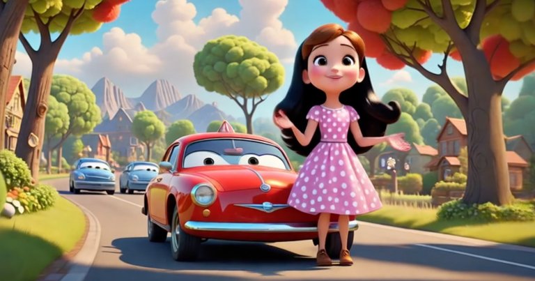 A screenshot of an AI-generated video in which a young animated girl with long black hair wearing a pink dress with white polka dots and brown shoes stands on a road in front of a red animated car with eyes on the windshield. Two blue animated cars with eyes follow behind on the road. The scene is set in a colorful, sunny neighborhood with green and orange trees, houses, and mountains in the background.