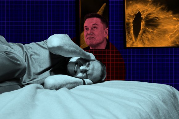 A man lies on a bed, covering his ears and grimacing in discomfort. Behind him, there is a dark blue grid background with two framed images: one of Elon Musk's face with a contemplative expression, and the other of a fiery, orange Eye of Sauron from "The Lord of the Rings." The overall color tone of the man and bed is bluish, contrasting with the warm colors in the framed images.