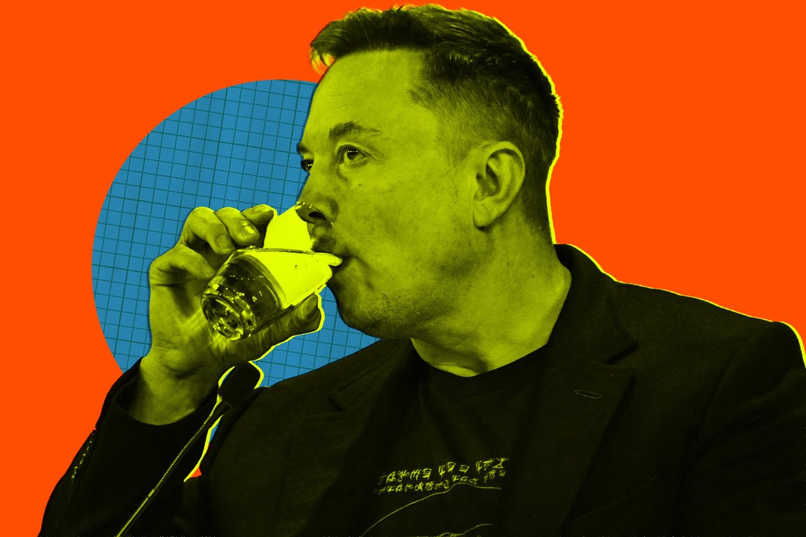 A stylized image of Elon Musk with a yellow-green tint drinking from a glass. He has short hair and is wearing a dark jacket over a shirt with some text or design on it. The background is bright orange with a blue circle featuring a grid pattern behind him.