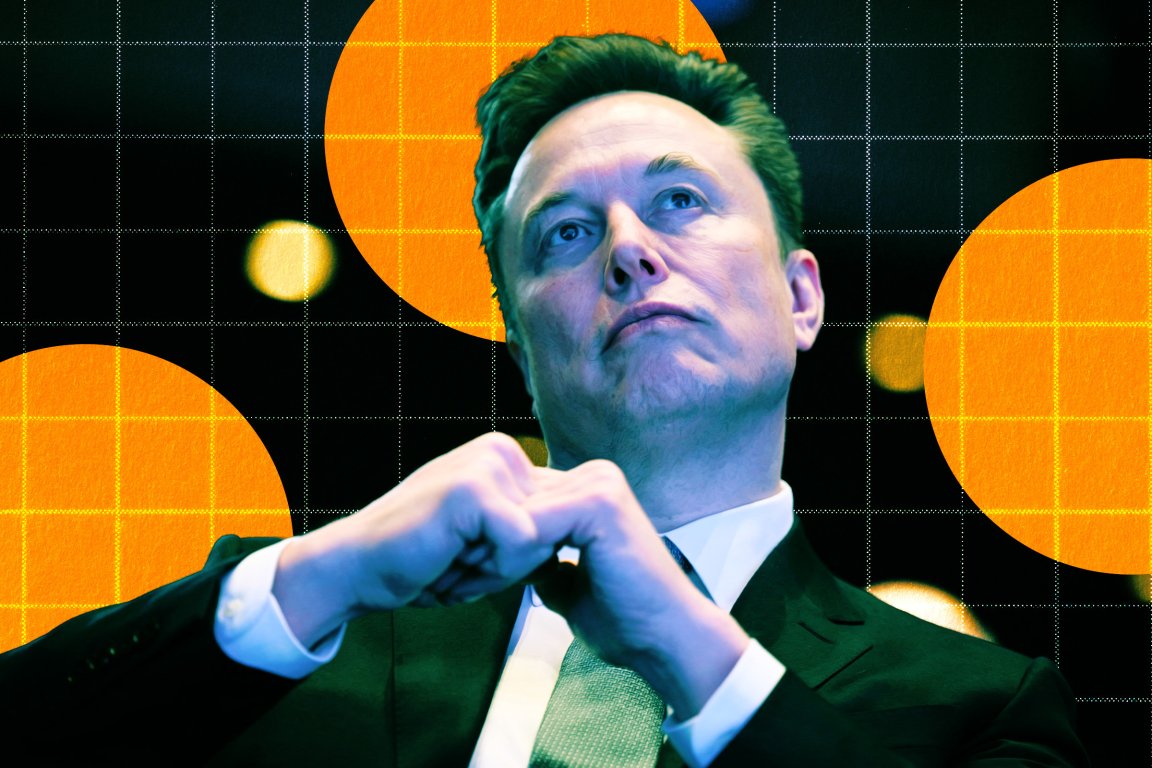 Elon Musk in a suit and tie, with his hands clasped together in front of him. The background features a dark grid pattern with large orange circles and blurred light spots.