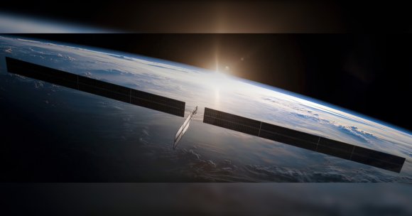 An orbital data center with large, extended solar panels orbiting above Earth, with the Sun rising or setting on the horizon, casting a bright glow over the planet's atmosphere and clouds.