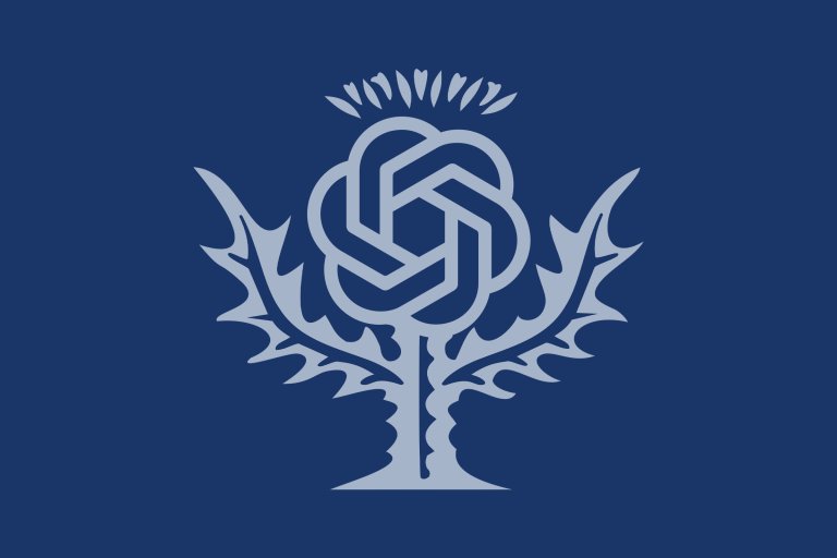 A stylized rendition of the Encyclopedia Britannica logo with the OpenAI logo set into it, set against a dark blue background.