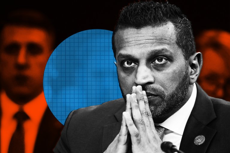 A close-up of Kash Patel, in a suit with a contemplative expression, hands pressed together near his face. The image is mostly black and white, except for a blue grid-patterned circle behind him and two blurred figures in the background tinted orange.