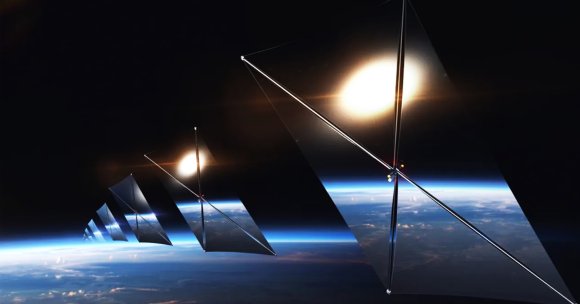 A series of large, reflective solar sails or panels are positioned in space above Earth, aligned in a row extending into the distance. The sails have a metallic frame and appear to be capturing sunlight, with the sun shining brightly behind them. The Earth’s curved horizon and atmosphere are visible below, with a dark space background.