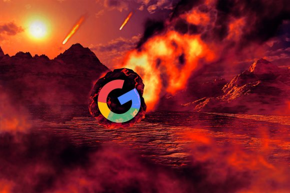 A fiery volcanic landscape at sunset with molten lava and smoke. In the center, a large flaming meteor with the Google logo on it is falling toward the ground. Two smaller meteors are also visible in the sky. The scene is dominated by intense red, orange, and black colors.
