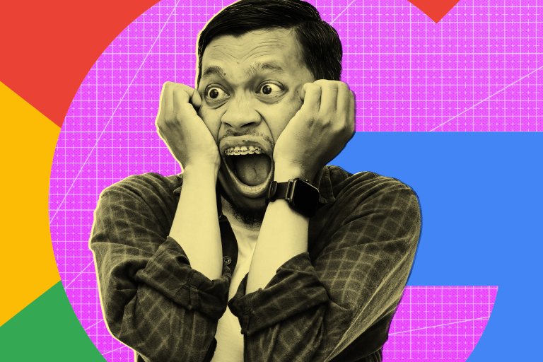 A man with braces and a smartwatch is holding his face with both hands, mouth open wide in a shocked or scared expression. He is wearing a checkered shirt over a white t-shirt. The background features a large, colorful version of the Google logo.