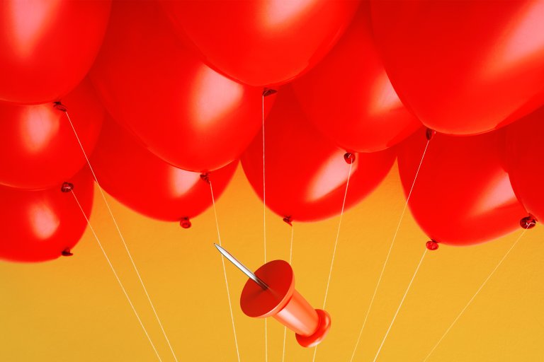 A group of red balloons tied with white strings against a yellow background, with a large red pushpin floating among them.
