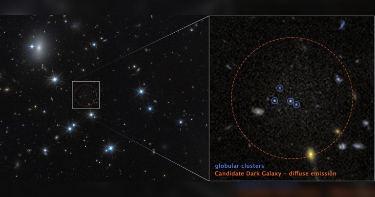 A deep space image showing numerous stars and galaxies scattered across a dark background. The left side features a wide view of the star field with a small square highlighting a specific area. The right side zooms in on this highlighted region, showing a faint, diffuse circular area marked by a dashed orange line labeled "Candidate Dark Galaxy – diffuse emission." Inside this circle, four small blue circles indicate "globular clusters." Several faint galaxies and stars are visible around the highlighted area.