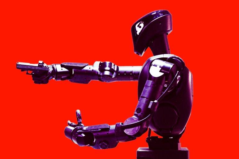 A Foundation Mk-1 humanoid robot with articulated arms is holding a handgun in its right hand, pointing it forward. The robot has a sleek, rounded head and a mechanical, jointed body. The background is solid bright red.