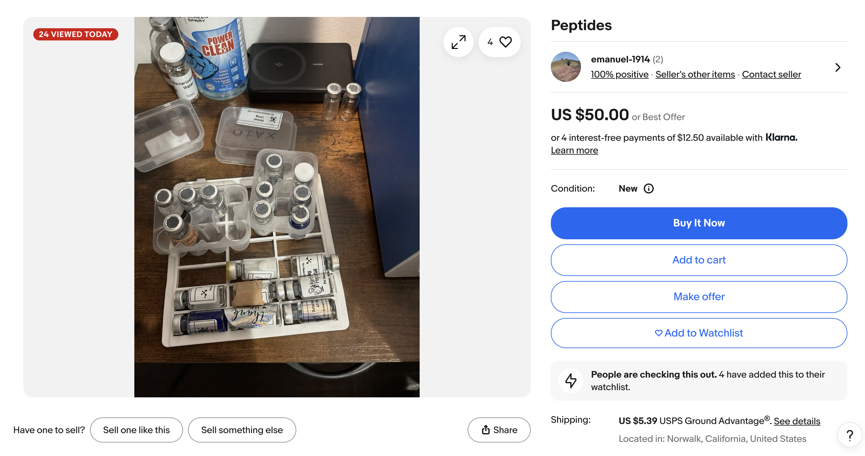 A screenshot of an eBay listing for "Peptides," featuring a listing photo of a cluttered desk with a scattered array of strange glass ampoules.