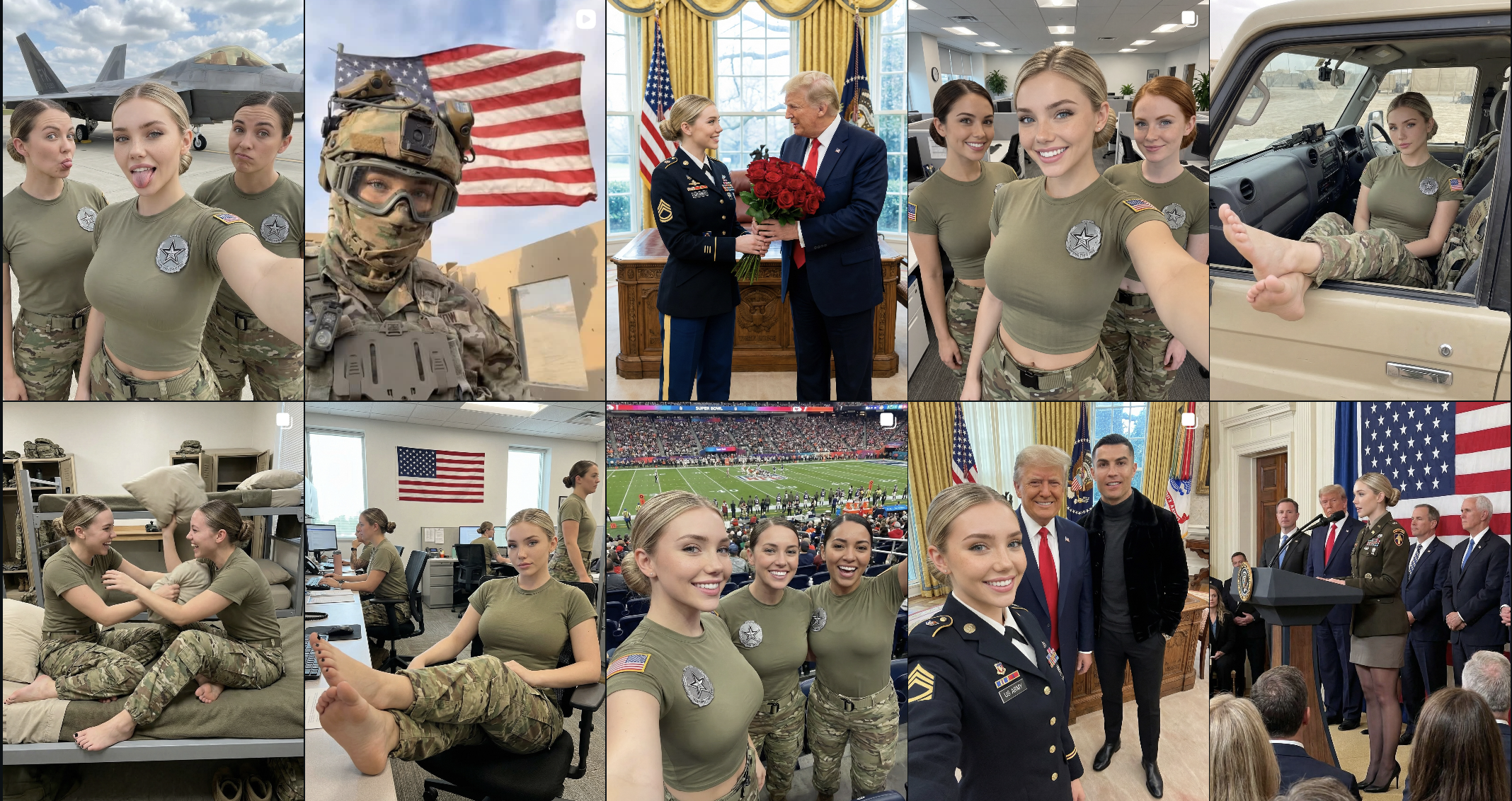 Screenshot of the Jessica Foster Instagram page, ten AI-generated images representative of account's output.