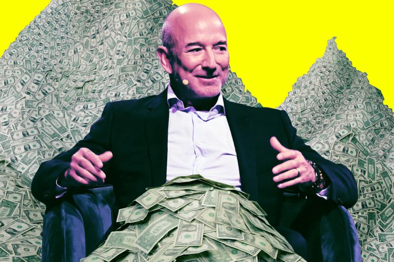 Jeff Bezos is sitting in a with piles of US currency stacked around him and on his lap, set against a bright yellow background.