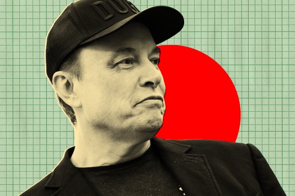 A close-up portrait of Elon Musk wearing a black cap and black jacket, looking to the right. The background features a green grid pattern with a large red circle behind his head. The image has a slightly desaturated, vintage tone.