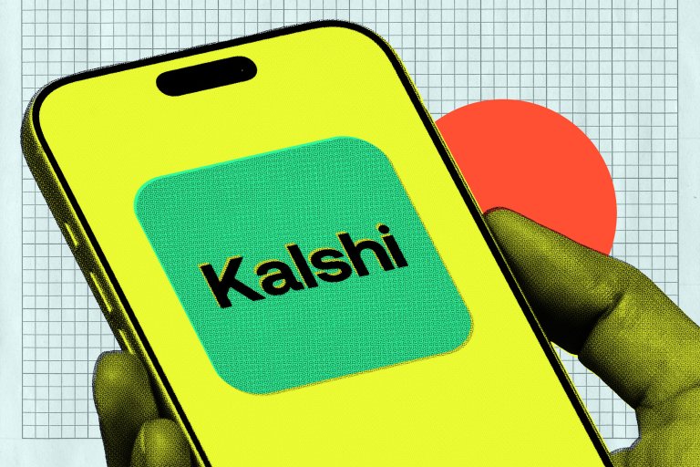 A hand holding a smartphone displaying the Kalshi app logo on the screen. The phone screen is bright yellow with a teal square containing the word "Kalshi" in black text. The background features a grid pattern with a large red circle.