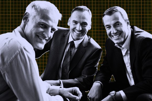 Three middle-aged men in business attire are sitting close together, smiling warmly. They are wearing suits and ties, and the background features a dark grid pattern with orange lines. The image has a high-contrast, stylized effect.
