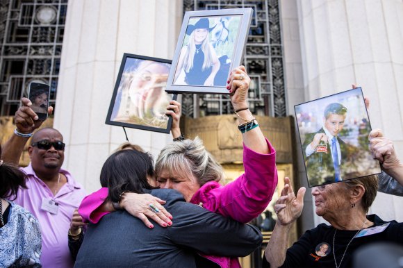 Family of the victims speak to press after hearing the verdict outside the Los Angeles Superior Court during one of the coordinated lawsuits alleging that Meta and YouTube are designed to hook young users and cause them a variety of negative mental health effects, including strangling themselves and developing eating disorders, on Wednesday, March 25, 2026 in Los Angeles, CA.