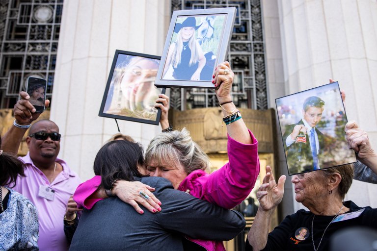 Family of the victims speak to press after hearing the verdict outside the Los Angeles Superior Court during one of the coordinated lawsuits alleging that Meta and YouTube are designed to hook young users and cause them a variety of negative mental health effects, including strangling themselves and developing eating disorders, on Wednesday, March 25, 2026 in Los Angeles, CA.