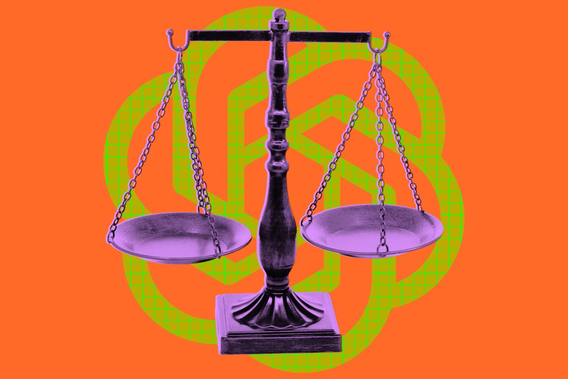 A purple-colored balance scale with two empty pans hanging from chains, set against an orange background with the OpenAI logo.