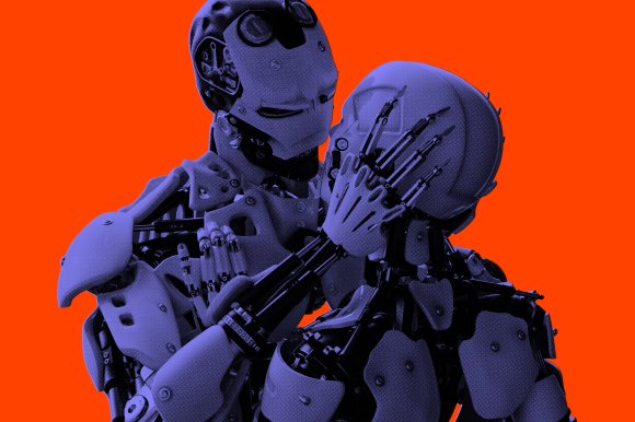 Two humanoid robots in a close embrace, one gently holding the other's face, set against a bright orange background. The robots have a mechanical, skeletal design with visible joints and components, and are colored in a blueish hue.