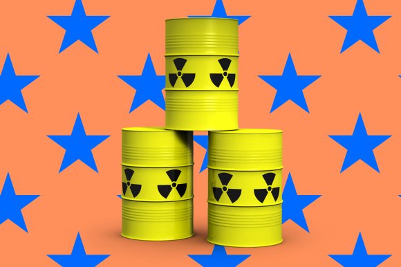 Three yellow barrels with black radioactive hazard symbols stacked in a pyramid formation against an orange background with large blue stars.
