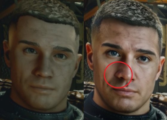 Side-by-side images show how Nvidia's controversial DLSS 5 gave a "Starfield" character a gigantic nostril.