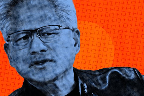 Close-up of a Nvidia CEO Jensen Huang, tinted blue against a red background.