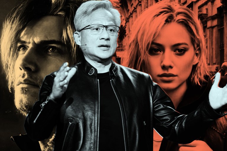 Nvidia CEO Jensen Huang shown in front of video game characters Leon Kennedy and Grace Ashcroft, as rendered by the company's new DLSS system.