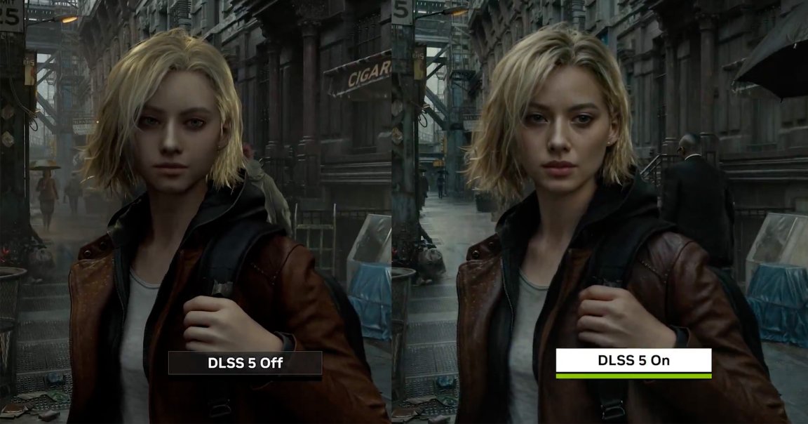 Side-by-side comparison showing Nvidia's "DLSS 5" AI feature changing a frame in a videogame.