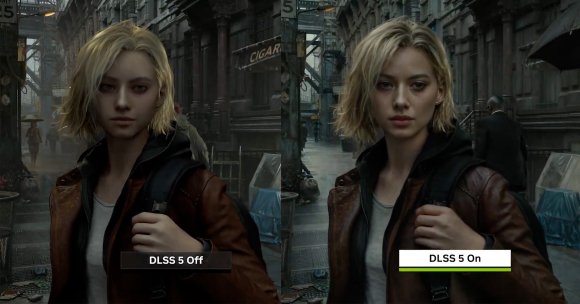Side-by-side comparison showing Nvidia's "DLSS 5" AI feature changing a frame in a videogame.
