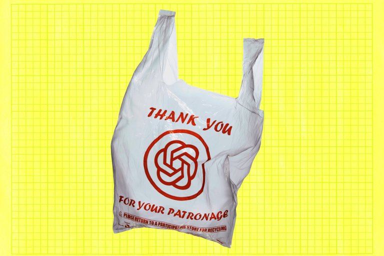 White plastic shopping bag with red text that reads "THANK YOU FOR YOUR PATRONAGE" and features the OpenAI logo in the center, set against a yellow grid background.