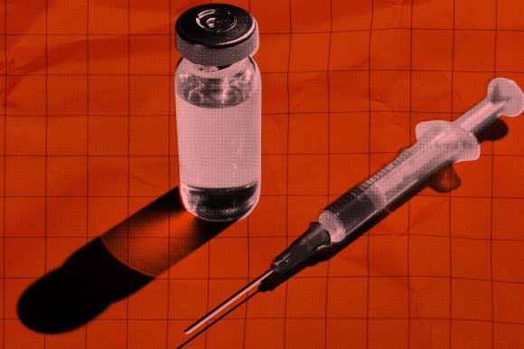 A vial filled with liquid and a syringe with a needle are placed on an orange surface with a grid pattern. The image has a high-contrast, stylized effect with a reddish tint. The vial casts a long shadow to the left.