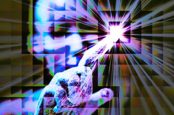 A digital illustration of a hand and face composed of interconnected lines and nodes, with the index finger extended and touching a bright, radiant point of light. The light emits intense rays and a glowing effect, creating a futuristic and high-tech atmosphere with vibrant colors like blue, purple, and green. The background is dark with abstract geometric shapes.
