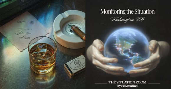 Left side: A glass of whiskey with ice cubes sits on a metallic surface next to a white ashtray holding a partially smoked cigar. Nearby are a matchbox and a napkin with the text "meet me at the POLYMARKET Situation Room NEWSBAR." Right side: Two hands gently hold a glowing, digital representation of Earth, focusing on the Americas. Above the globe, the text reads "Monitoring the Situation Washington DC," and below it says "THE SITUATION ROOM by Polymarket.