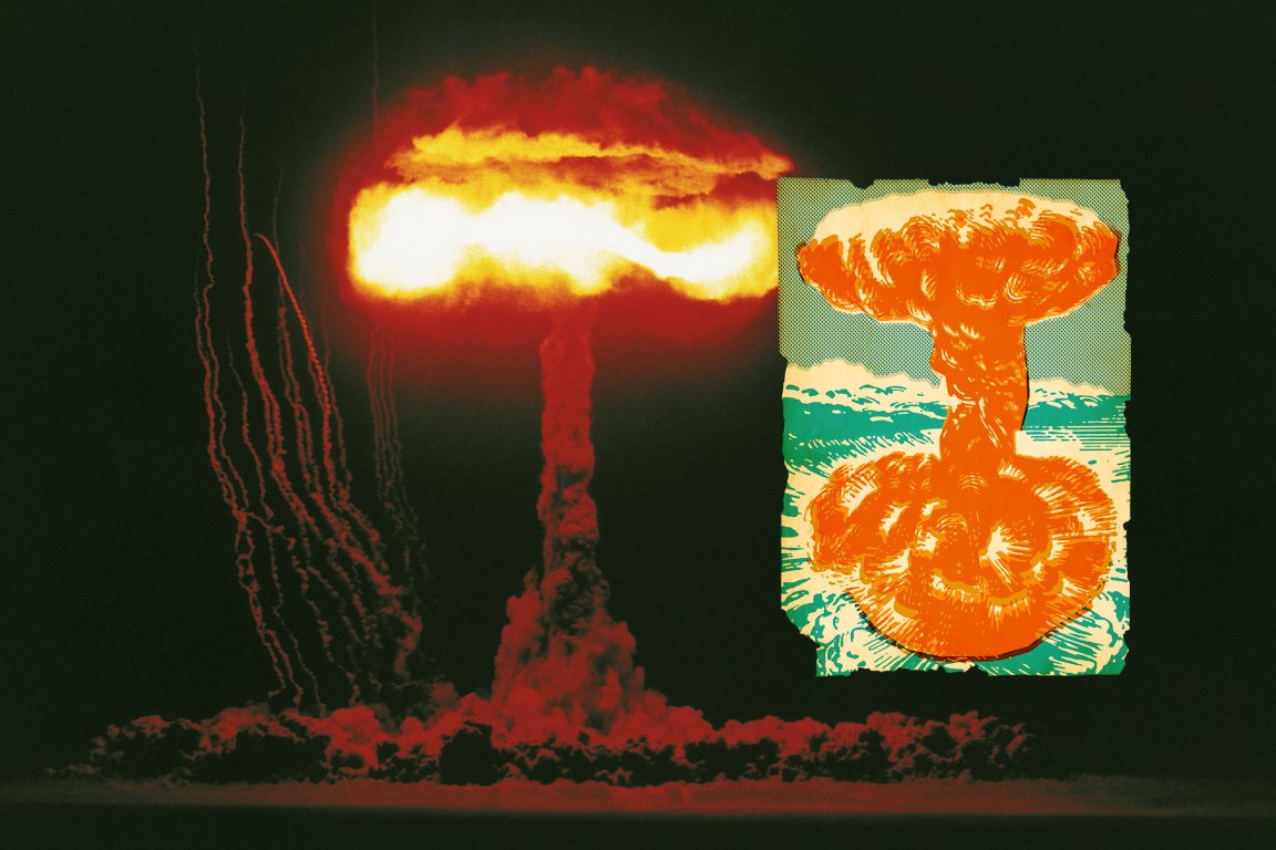 A bright, fiery mushroom cloud from a nuclear explosion dominates the left side of the image, with intense yellow, orange, and red hues against a dark background. On the right side, there is a stylized, vintage illustration of a similar mushroom cloud in orange, teal, and cream colors, framed with a torn paper effect.