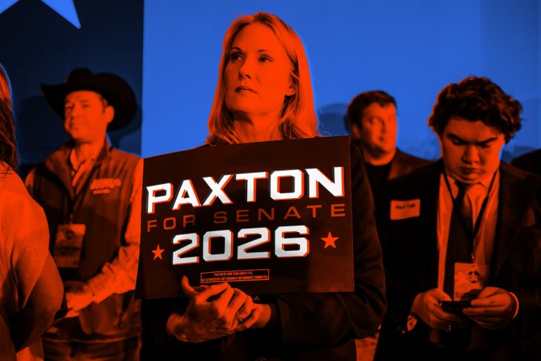 Image of a Ken Paxton campaign event, with stylized colors.