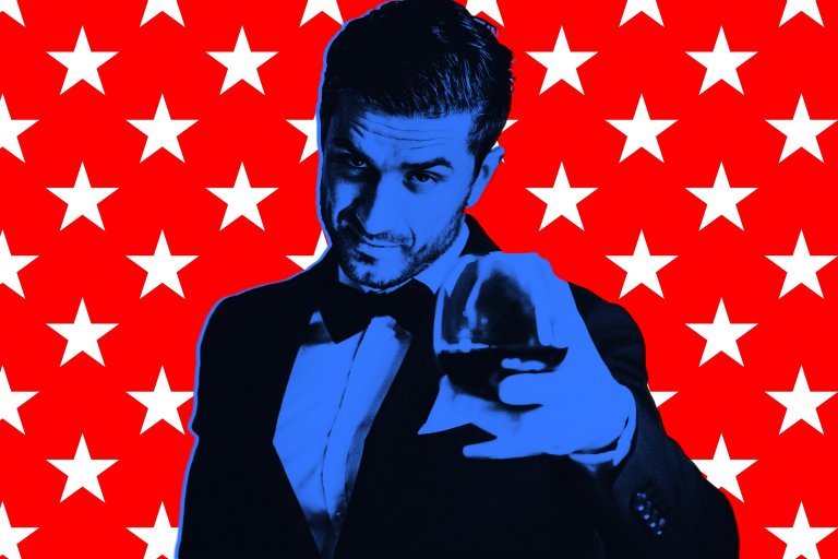 A man in a tuxedo with a bow tie, tinted blue, is holding a glass of dark liquid towards the camera. The background is bright red with a repeating pattern of white stars.