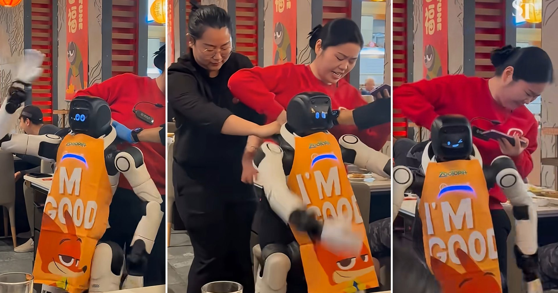 A video on social media shows a dancing robot knocking over tableware, smashing plates, and sending chopsticks flying.