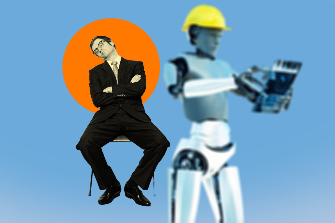 A man in a black suit and glasses is sitting on a chair with his arms crossed and head tilted to the side, appearing to be asleep. Behind him is an orange circle on a blue background. In the foreground, a robot wearing a yellow construction helmet is holding and interacting with a tablet or device. The robot is slightly blurred.