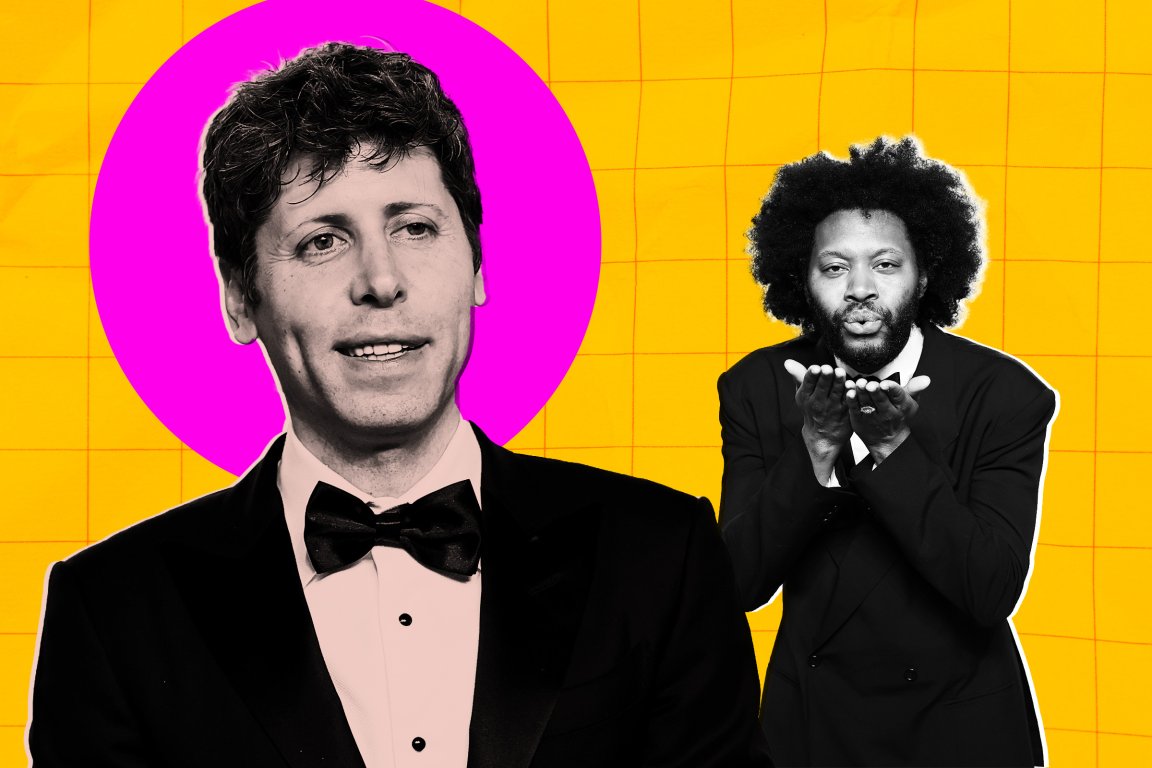 Sam Altman and Jeremy Harris, wearing tuxedos, are featured against a bright yellow background with a subtle grid pattern. Both figures are outlined in white, creating a cutout effect.