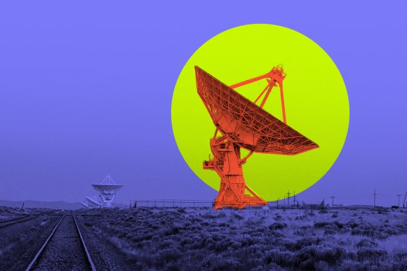 A large satellite dish antenna in a field with railroad tracks leading towards it. The image has been digitally altered with a bright yellow circle behind the satellite dish and the dish itself colored in red, while the rest of the landscape and sky are tinted blue. Smaller satellite dishes are visible in the background.