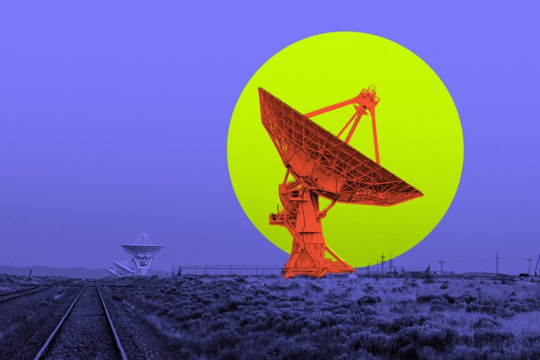 A large satellite dish antenna in a field with railroad tracks leading towards it. The image has been digitally altered with a bright yellow circle behind the satellite dish and the dish itself colored in red, while the rest of the landscape and sky are tinted blue. Smaller satellite dishes are visible in the background.