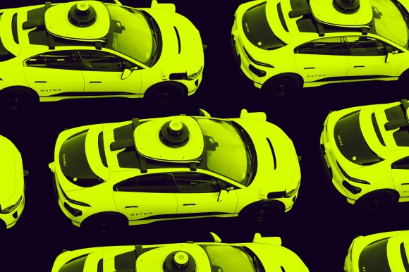 Multiple white Waymo autonomous vehicles with rooftop sensors are arranged in a pattern against a black background, shown from an aerial perspective. The cars have black wheels and visible "WAYMO" branding on the sides. The image has a yellow-green color overlay.